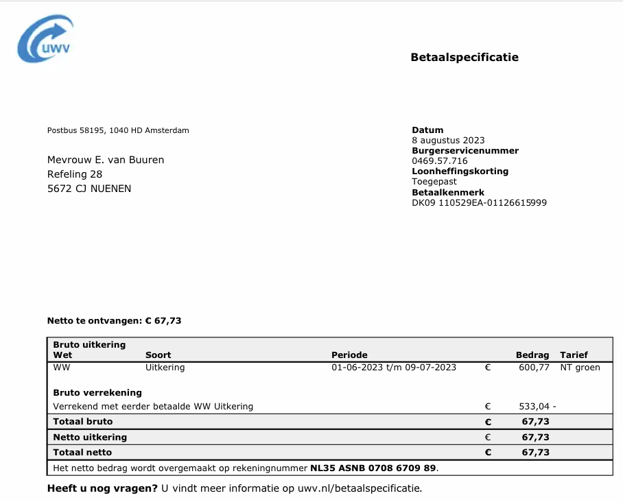 UWV betaalspecificatie voorbeeld
